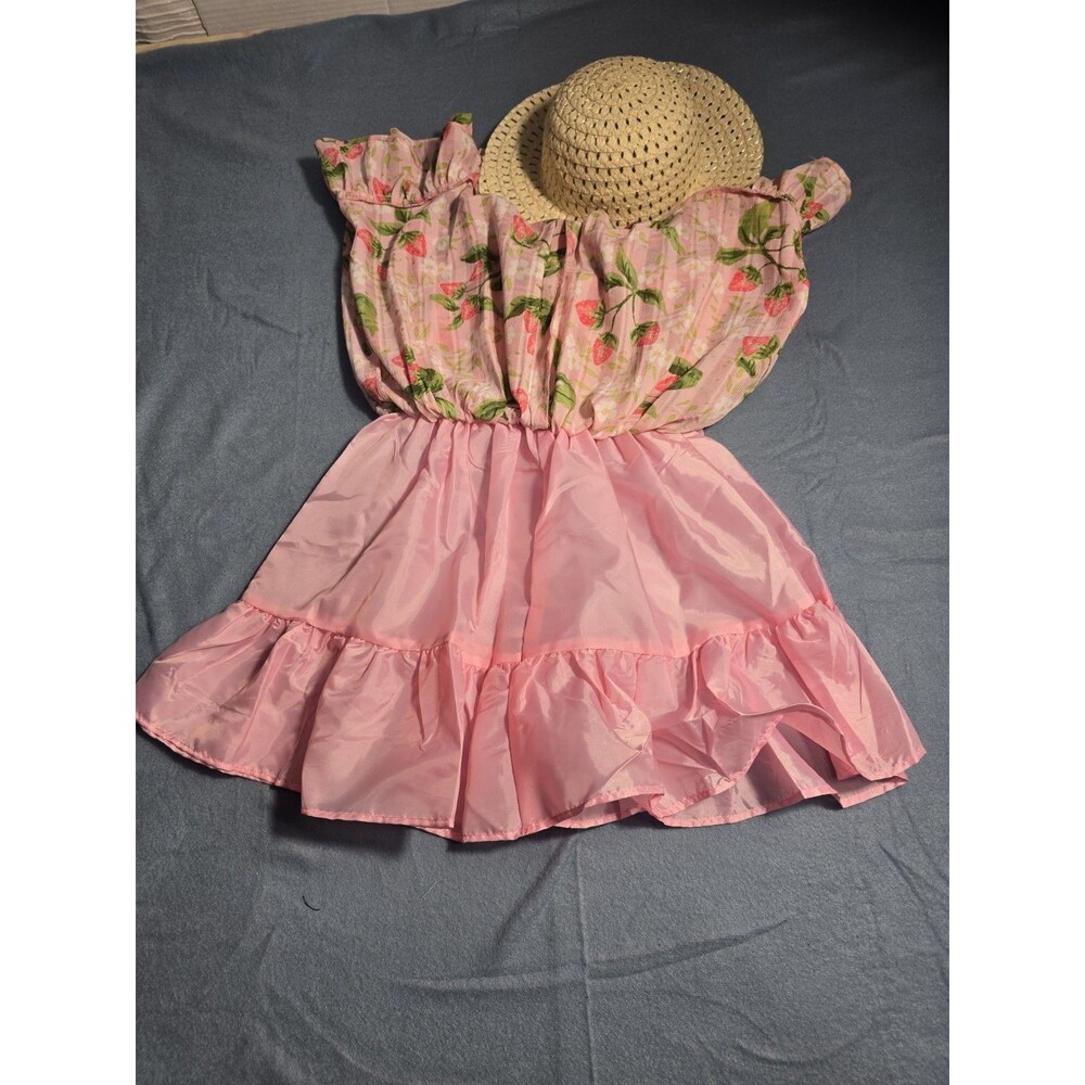 Toddler Girls Pink Strawberry Print Flutter-Sleeve Smocked Dress Sz 4 - Picture 6 of 11
